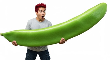 Man Holding Giant Pea Pod - A young man with surprised expression holds a comically large green pea pod. White background