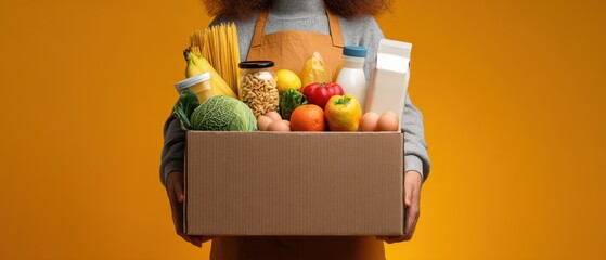 The box of fresh groceries held by a happy individual on a vibrant background