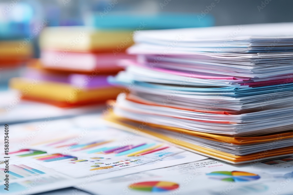 Poster business materials arranged in stacks with colorful charts and graphs on a desk during a busy workda