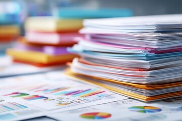 Business materials arranged in stacks with colorful charts and graphs on a desk during a busy workday in an office environment