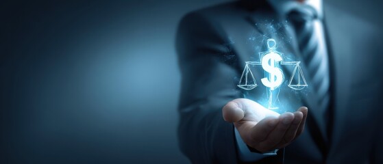 The businessman holding a glowing dollar symbol and scales of justice.