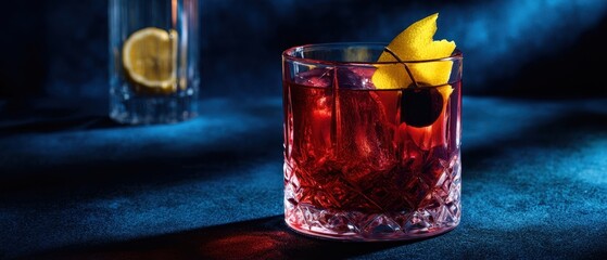 The exquisite cocktail garnished with lemon and cherry in moody lighting.