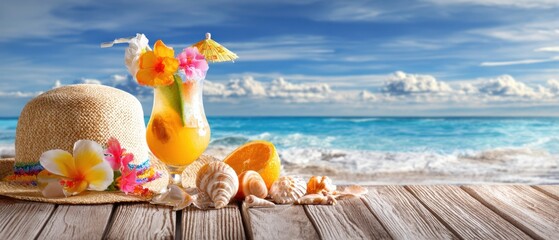 The refreshing cocktail and straw hat at the serene beach shore.