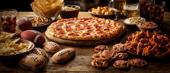 The delicious pizza surrounded by snacks for a perfect game day celebration.