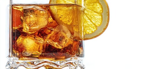 The refreshing whiskey cocktail garnished with orange slices and ice cubes.