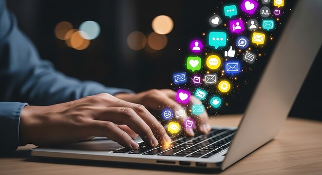 Person typing on laptop with social media icons floating