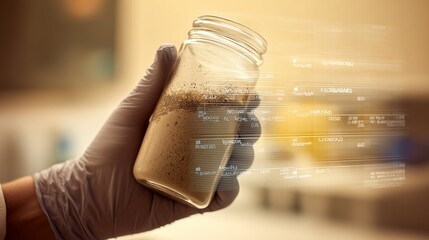Close-up of a gloved hand holding a transparent sample jar with soil or sediment inside. Lab background and digital data overlay suggest scientific analysis