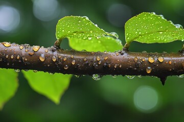 Raindrops glistening on green leaves of a branch in a lush forest after a refreshing rainfall