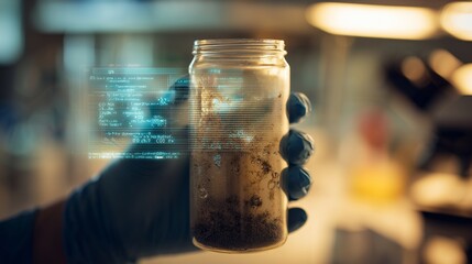 Close-up of a gloved hand holding a transparent sample jar with soil or sediment inside. Lab background and digital data overlay suggest scientific analysis