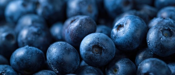 The Fresh Blueberries with Dewdrops on a Dark Background