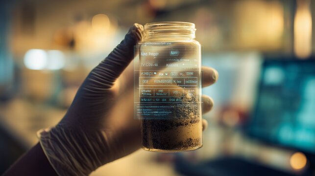 Close-up of a gloved hand holding a transparent sample jar with soil or sediment inside. Lab background and digital data overlay suggest scientific analysis