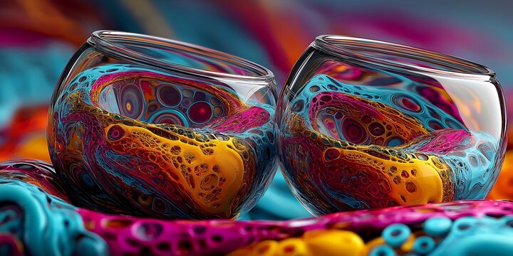 Two Glass Tumblers with Vibrant Abstract Swirls of Colorful Liquid and Decorative Artistic Patterns