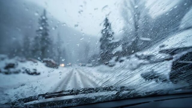 Snowy road view through windshield with rain and snowflakes  