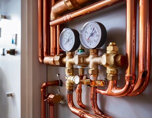close up of home heating system installed on wall copper pipes valves pressure gauge gas boiler details central heating system water heating modern tech for house