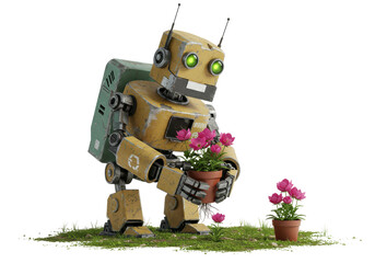 Isolated Vintage Robot Gardener Holding a Pot of Pink Flowers with Care