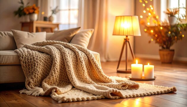 A close-up of a warm knitted plaid in a cozy room, a perfect scene for autumn and winter products. Generated image