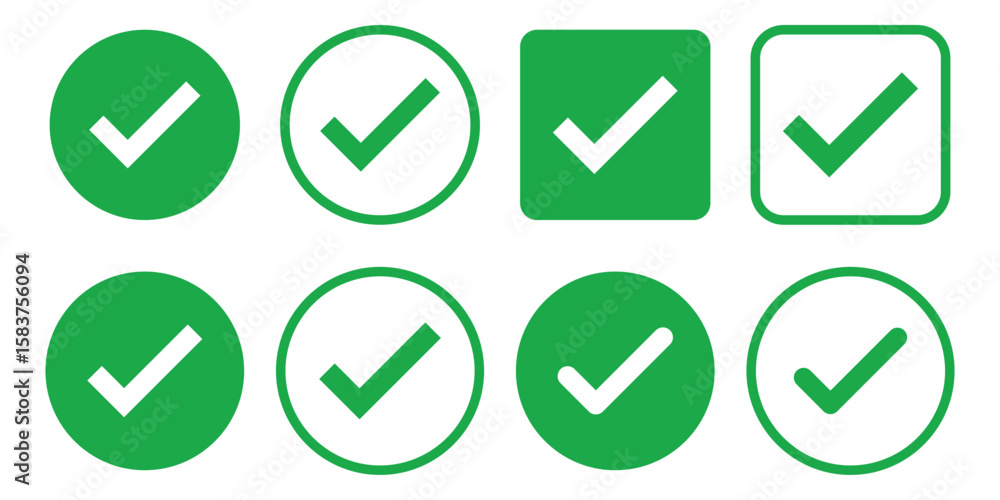 Poster check box icon with correct, accept checkmark icons green tick box, check list circle frame - checkb