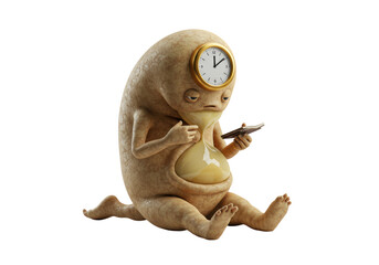 Isolated Time-Bound Creature with Hourglass and Clock