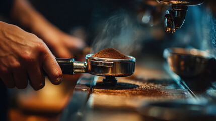 Obraz premium Barista Prepares Fresh Ground Coffee