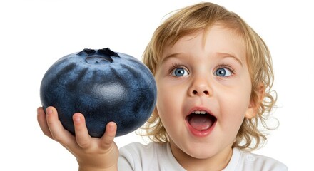 Fototapeta premium Toddler Amazed by Giant Blueberry - A young child with blonde hair looks amazed while holding a large blueberry. Perfect for healthy eating, child nutrition, and food advertising