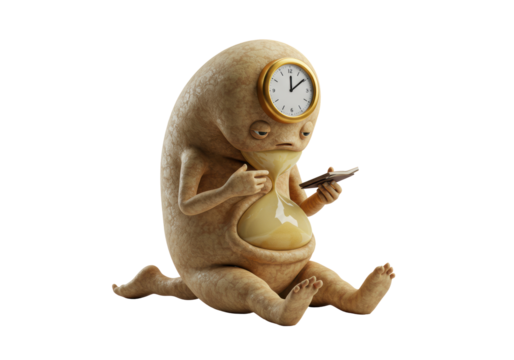Isolated Time-Bound Creature with Hourglass and Clock