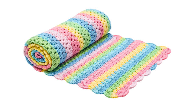 Rolled Colorful Crocheted Blanket with Pastel Stripes
