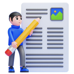 PNG 3D Writer with Large Pencil and Document Illustration Isolated on a White Background