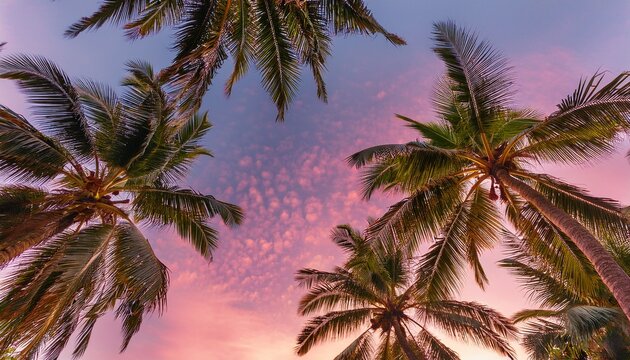 palm trees against pink sky looking up tropical summer vacation background nature scene travel destination