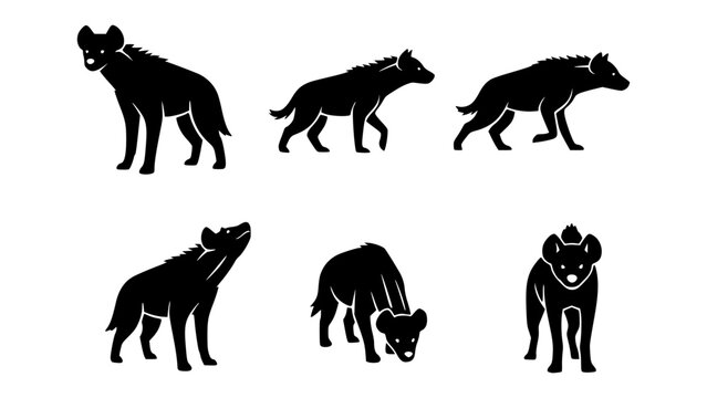 Six hyena silhouettes in various poses against a white background.