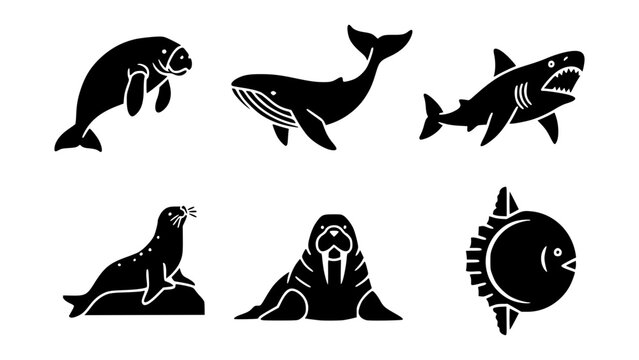 Monochrome aquatic wildlife illustrations:  Illustrations of various marine creatures. A collection of stylized aquatic life silhouettes 