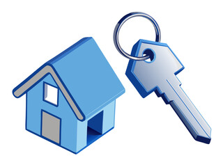blue house keychain silver key real estate home ownership property isolated on white background.