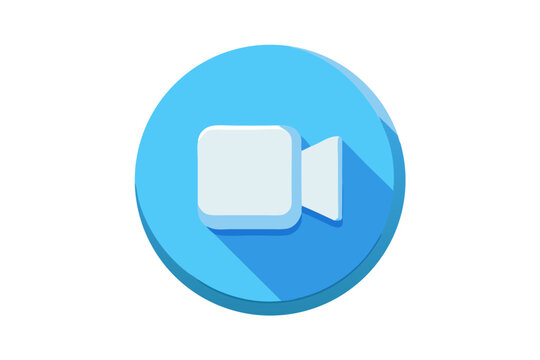 blue circular video camera icon flat design long shadow effect isolated on white background.