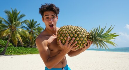 Tropical Beach Pineapple Struggle - A young man on a tropical beach struggles to carry a giant pineapple, symbolizing unexpected challenges, summer fun, tropical adventures, humorous effort, and