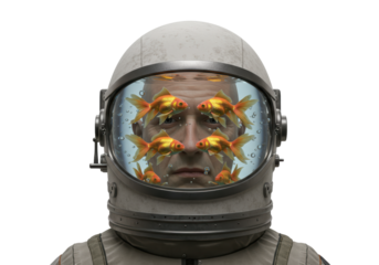 Isolated Man in Astronaut Helmet Filled with Goldfish