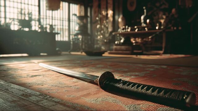 Traditional katana sword resting on wooden floor in dimly lit room  