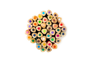 Colored pencils isolated on white background. Equipment for coloring. Stationery for creativity.Back to school. Flatlay. Children's Creativity and Education. Rainbow.