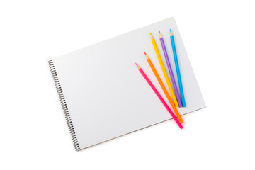 Colored pencils isolated on white background. Equipment for coloring. Stationery for creativity.Back to school. Flatlay. Children's Creativity and Education. Rainbow.