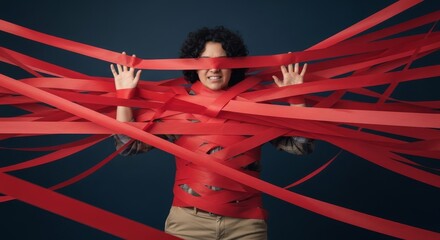 Frustrated person completely buried in red tape, humorously symbolizing excessive bureaucracy, restrictions, or administrative hurdles.