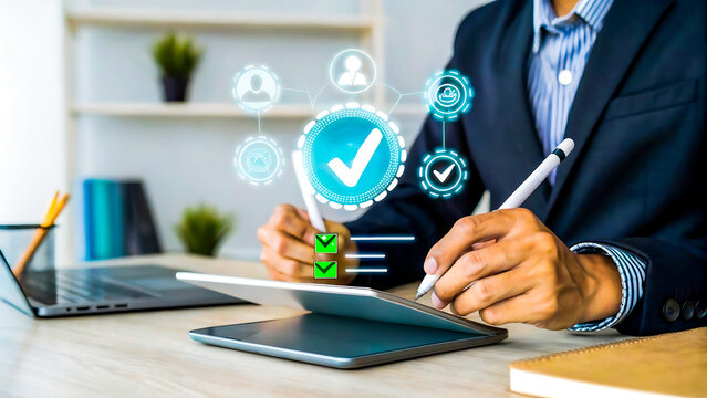 Businessman interacting with digital checklist and approval icons on tablet screen