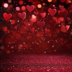 Romantic Red Hearts Floating in Glittery Bokeh Background for Valentine's Day Celebration with Sparkling Love Theme and Heart-Filled Festive Ambiance