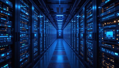 AI-Generated Visualization of Digital Infrastructure in a High-Tech Data Center Server Room with Glistening Blue Lights