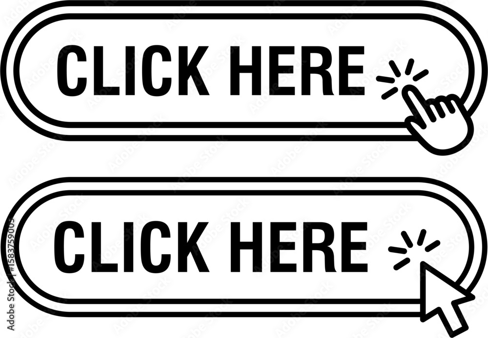 Poster click here button vector illustration with click cursor. web button set for websites and apps. actio