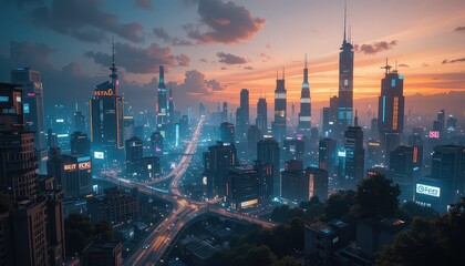 Nighttime Cyberpunk Cityscape with Digital Skyline and Neon Lights: AI-Generated Urban Concept Art