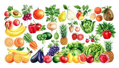 Obraz premium Watercolor fruits and vegetables, assorted