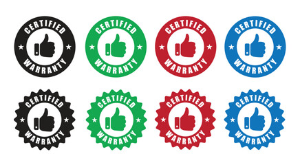 Certified Warranty Thumbs Up Badge stamp Vector Icon set in Multiple Colors and Shapes
