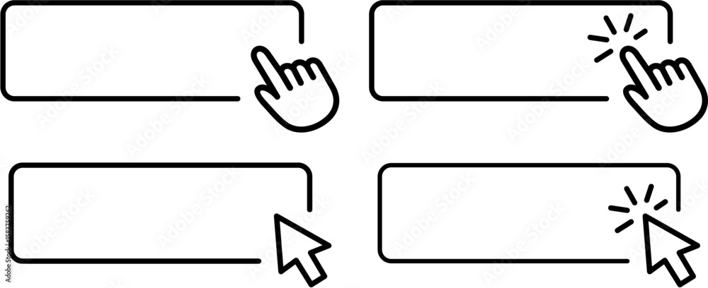 Fototapete click here button set with hand pointer and arrow cursor clicking. web interface buttons for website