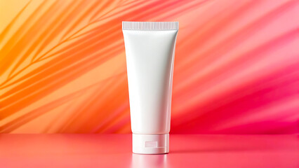 White cosmetic tube with cap on a pink surface with orange and pink gradient background and palm leaf shadows