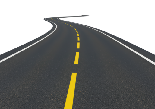 Isolated Perspective View of Winding Asphalt Road with Yellow Line