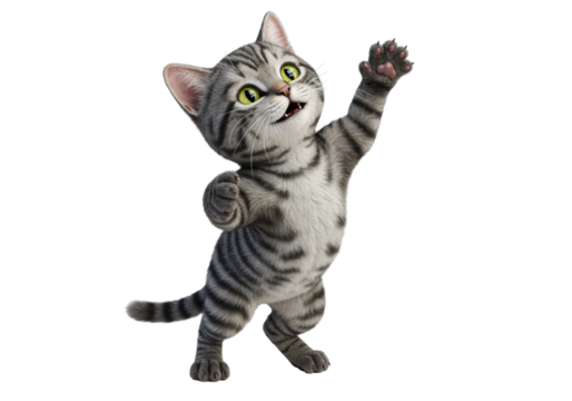 Isolated Playful Cartoon Kitten Reaching Upward