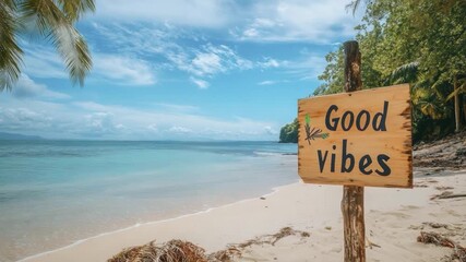 Wooden sign on tropical beach says "Good vibes," ocean view, palm trees.